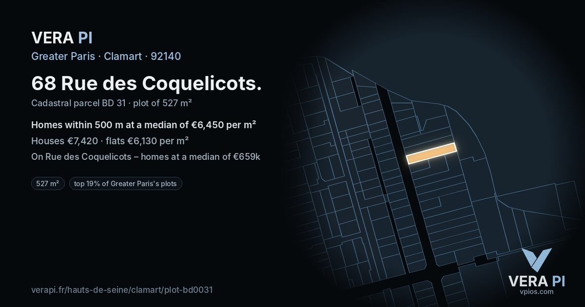 68 Rue des Coquelicots, Clamart at night – the plot lit, the parcels around coloured by the prices near them