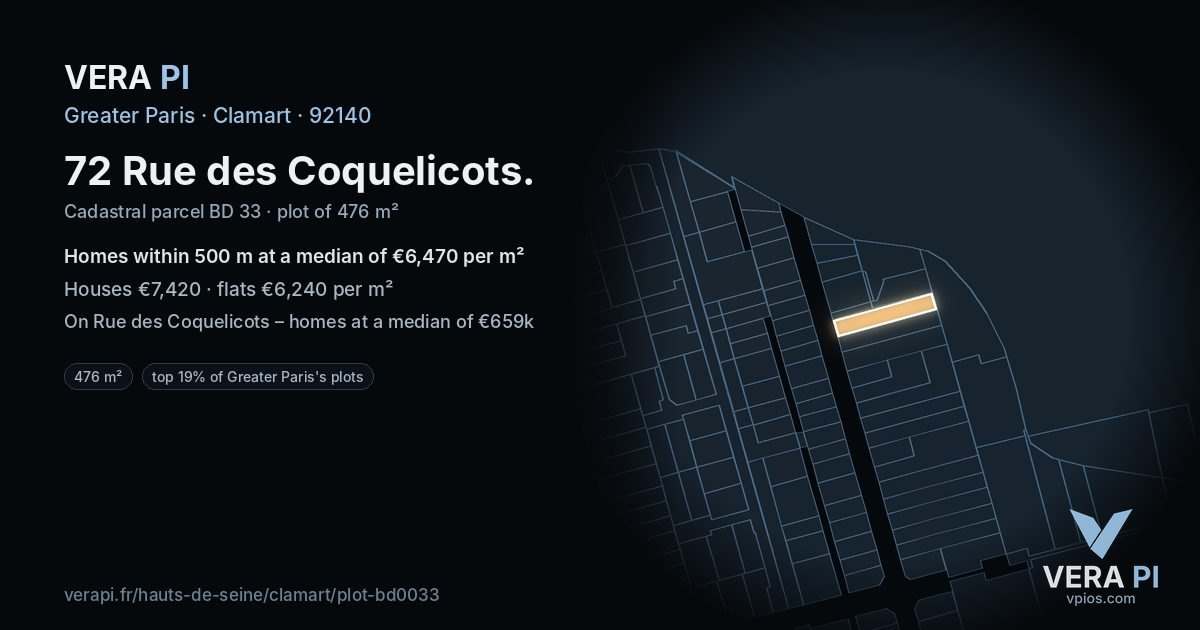 72 Rue des Coquelicots, Clamart at night – the plot lit, the parcels around coloured by the prices near them