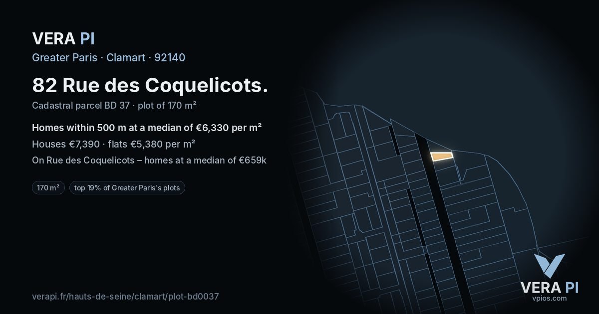 82 Rue des Coquelicots, Clamart at night – the plot lit, the parcels around coloured by the prices near them