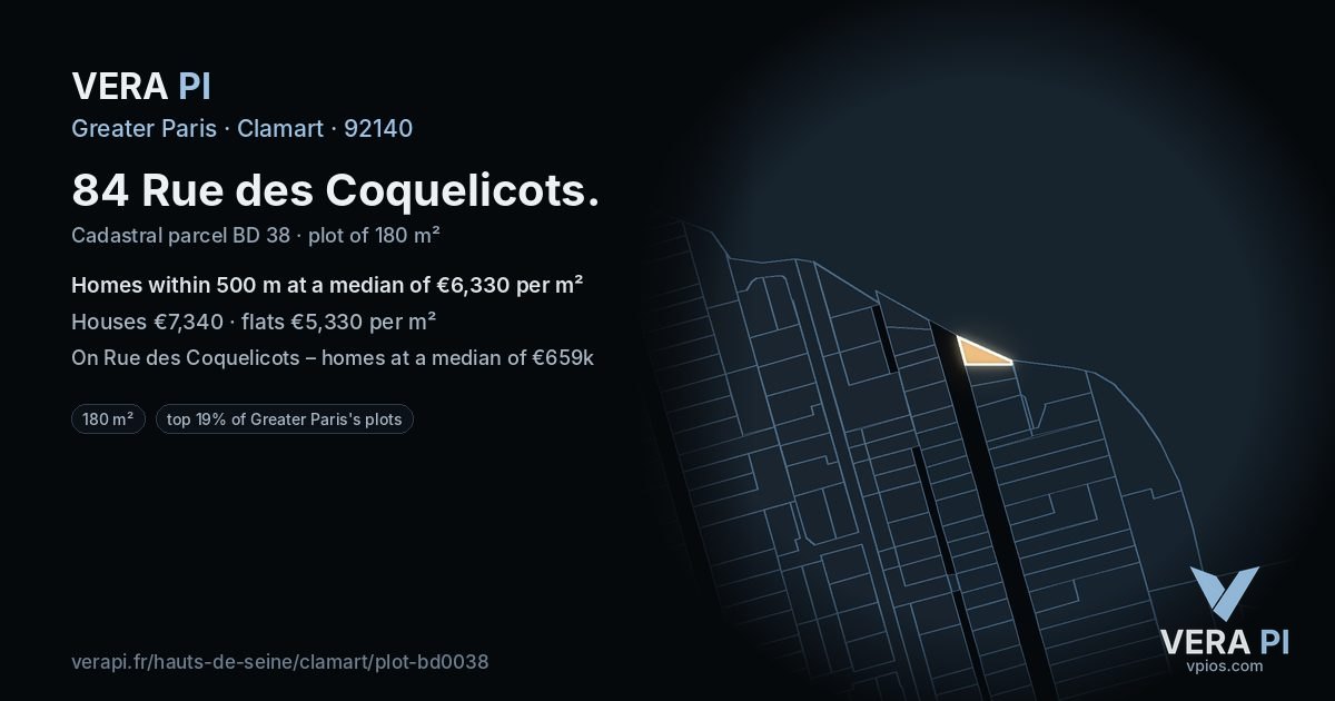 84 Rue des Coquelicots, Clamart at night – the plot lit, the parcels around coloured by the prices near them