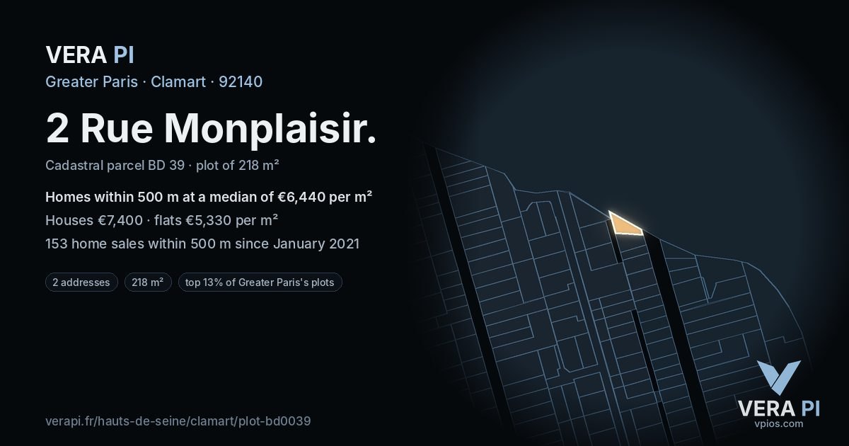 2 Rue Monplaisir, Clamart at night – the plot lit, the parcels around coloured by the prices near them