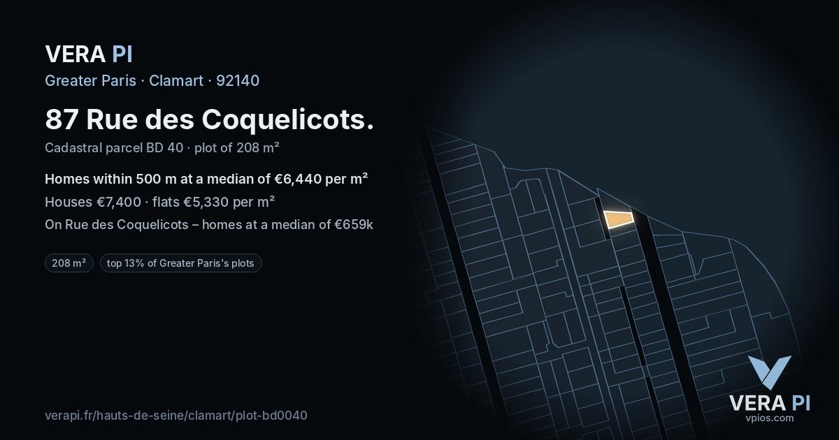 87 Rue des Coquelicots, Clamart at night – the plot lit, the parcels around coloured by the prices near them