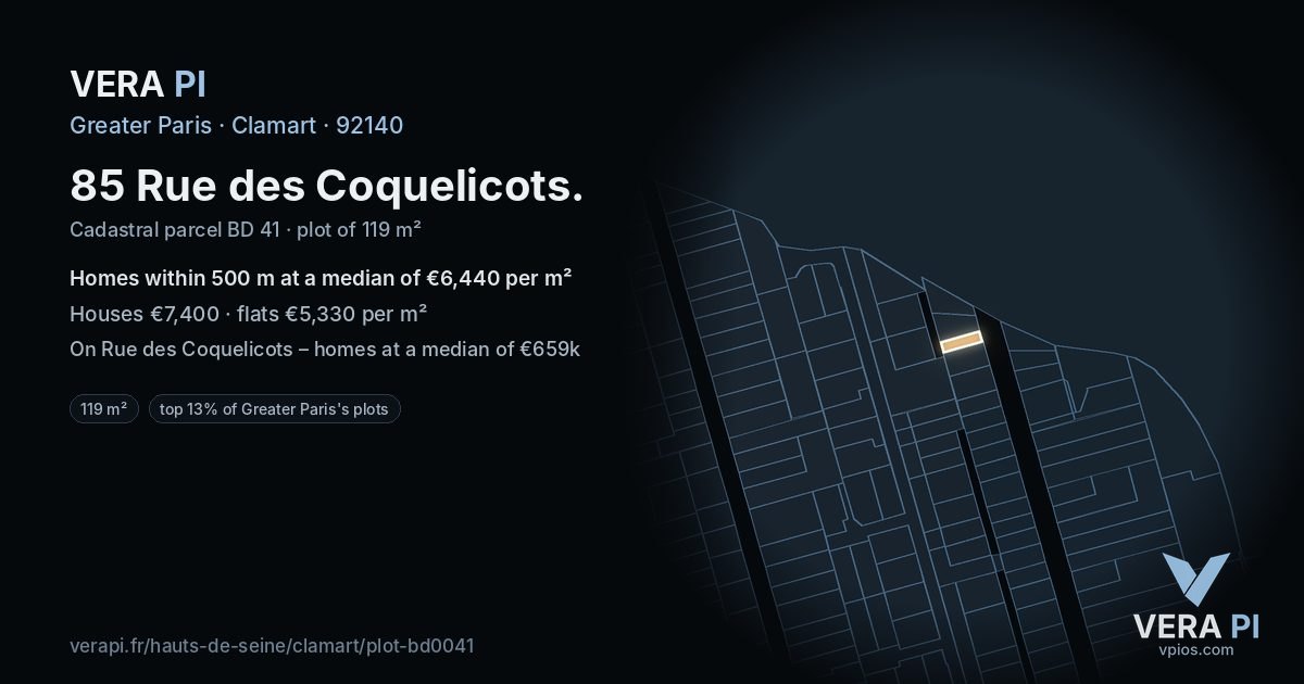 85 Rue des Coquelicots, Clamart at night – the plot lit, the parcels around coloured by the prices near them