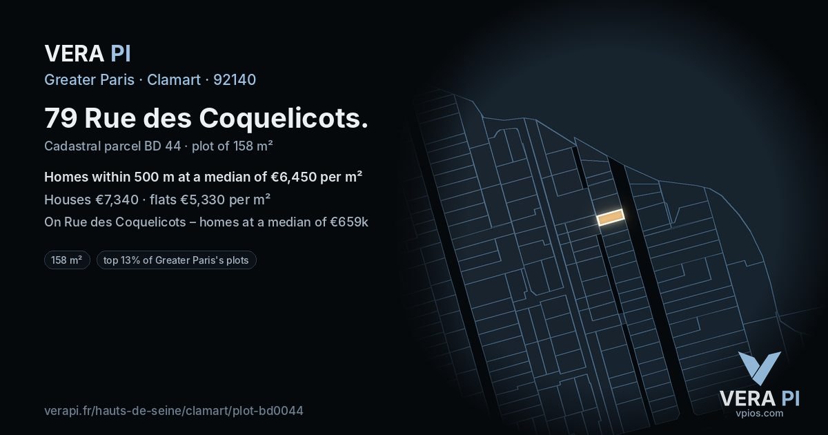 79 Rue des Coquelicots, Clamart at night – the plot lit, the parcels around coloured by the prices near them