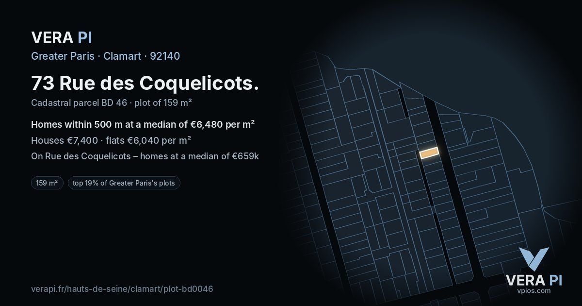 73 Rue des Coquelicots, Clamart at night – the plot lit, the parcels around coloured by the prices near them