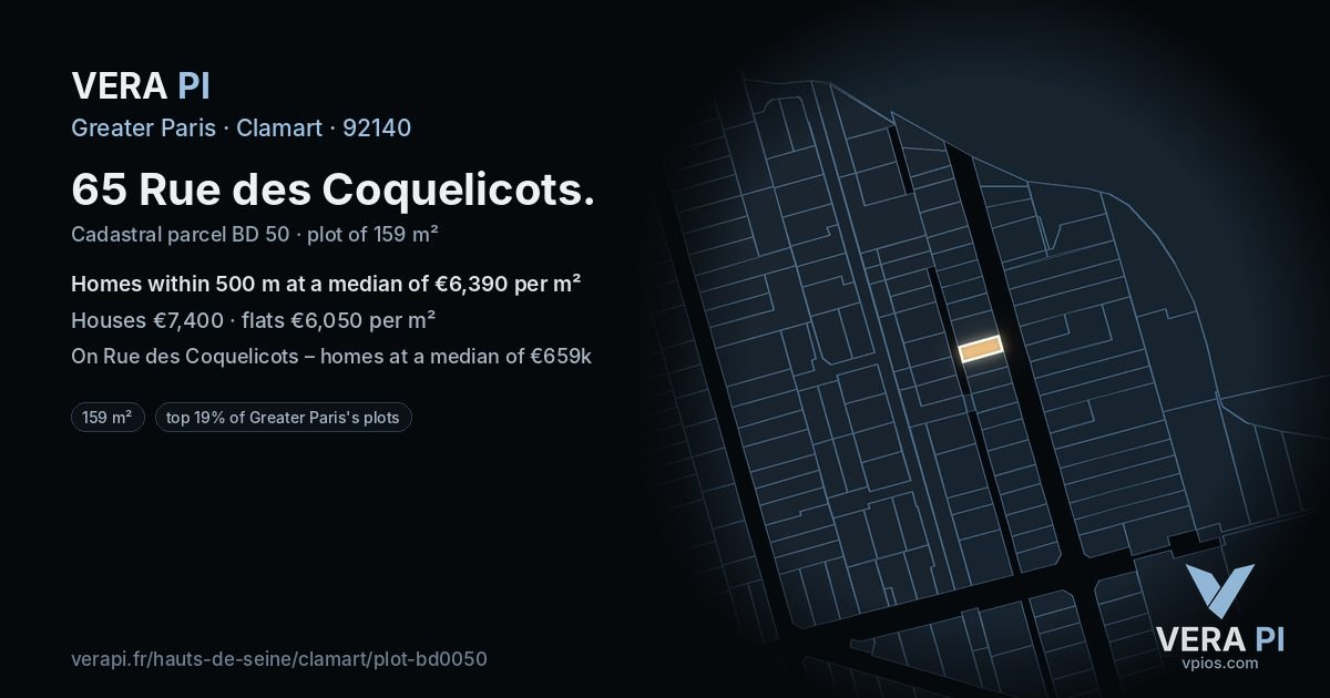 65 Rue des Coquelicots, Clamart at night – the plot lit, the parcels around coloured by the prices near them