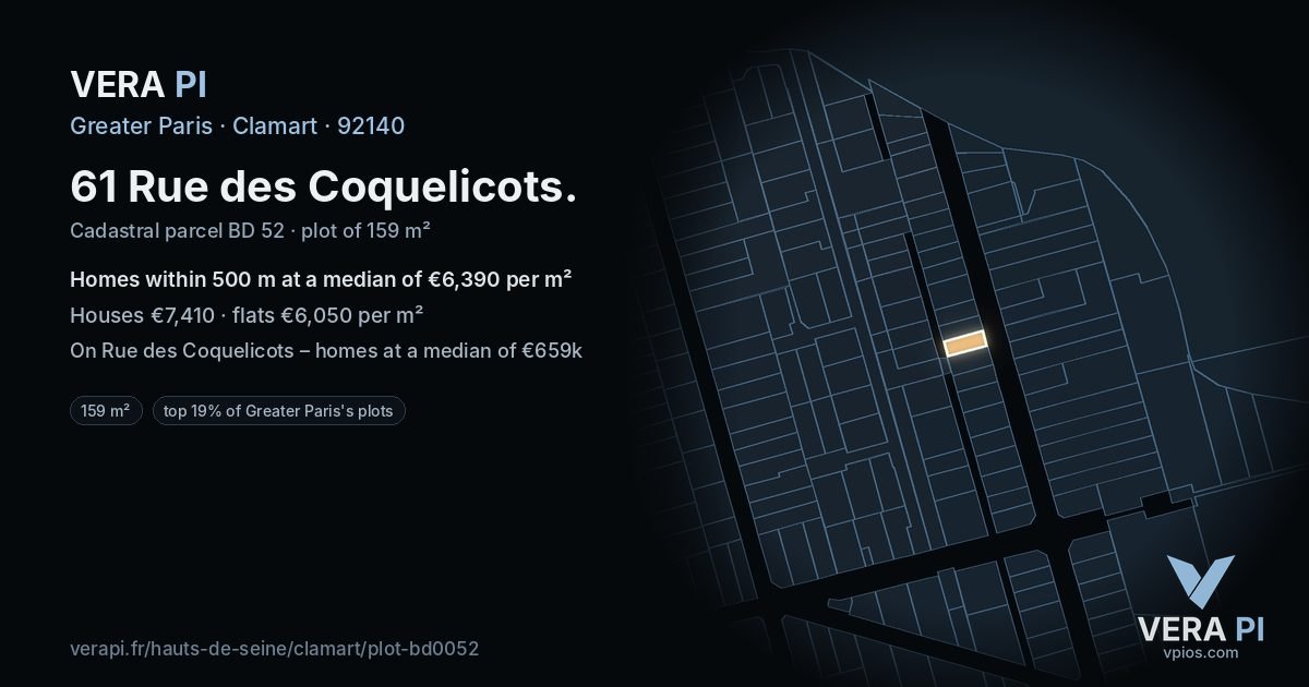 61 Rue des Coquelicots, Clamart at night – the plot lit, the parcels around coloured by the prices near them