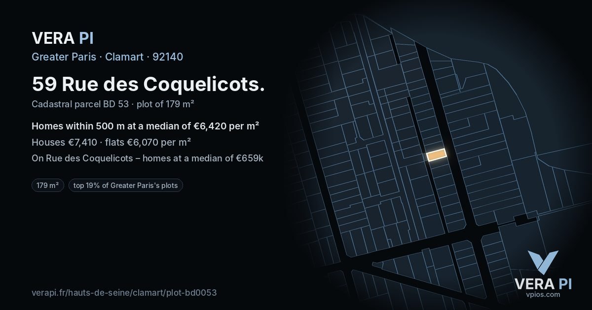 59 Rue des Coquelicots, Clamart at night – the plot lit, the parcels around coloured by the prices near them