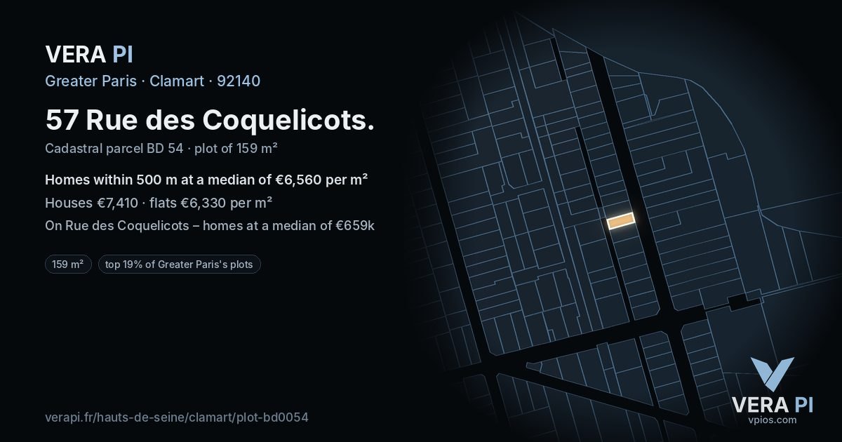57 Rue des Coquelicots, Clamart at night – the plot lit, the parcels around coloured by the prices near them