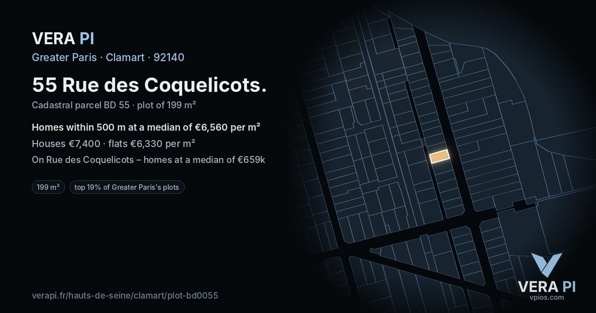 55 Rue des Coquelicots, Clamart at night – the plot lit, the parcels around coloured by the prices near them