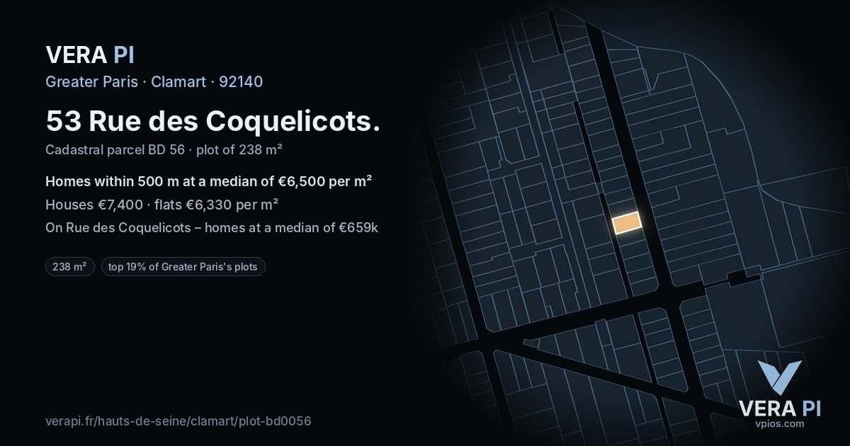 53 Rue des Coquelicots, Clamart at night – the plot lit, the parcels around coloured by the prices near them