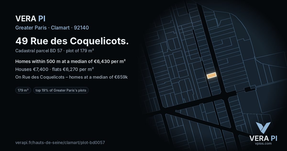 49 Rue des Coquelicots, Clamart at night – the plot lit, the parcels around coloured by the prices near them