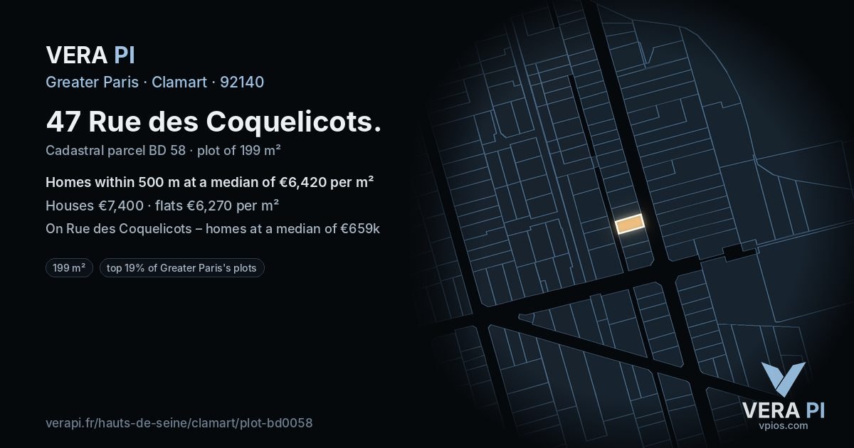 47 Rue des Coquelicots, Clamart at night – the plot lit, the parcels around coloured by the prices near them