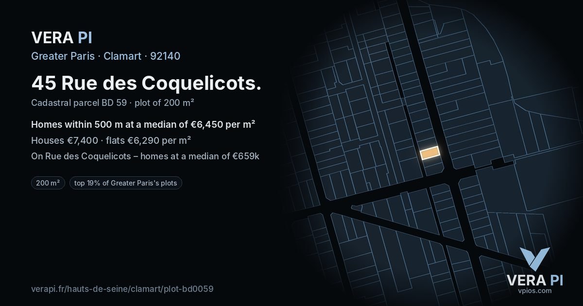 45 Rue des Coquelicots, Clamart at night – the plot lit, the parcels around coloured by the prices near them
