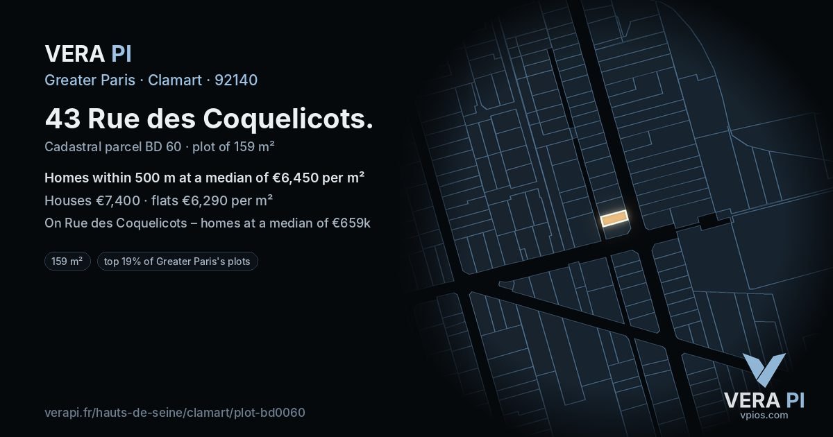 43 Rue des Coquelicots, Clamart at night – the plot lit, the parcels around coloured by the prices near them
