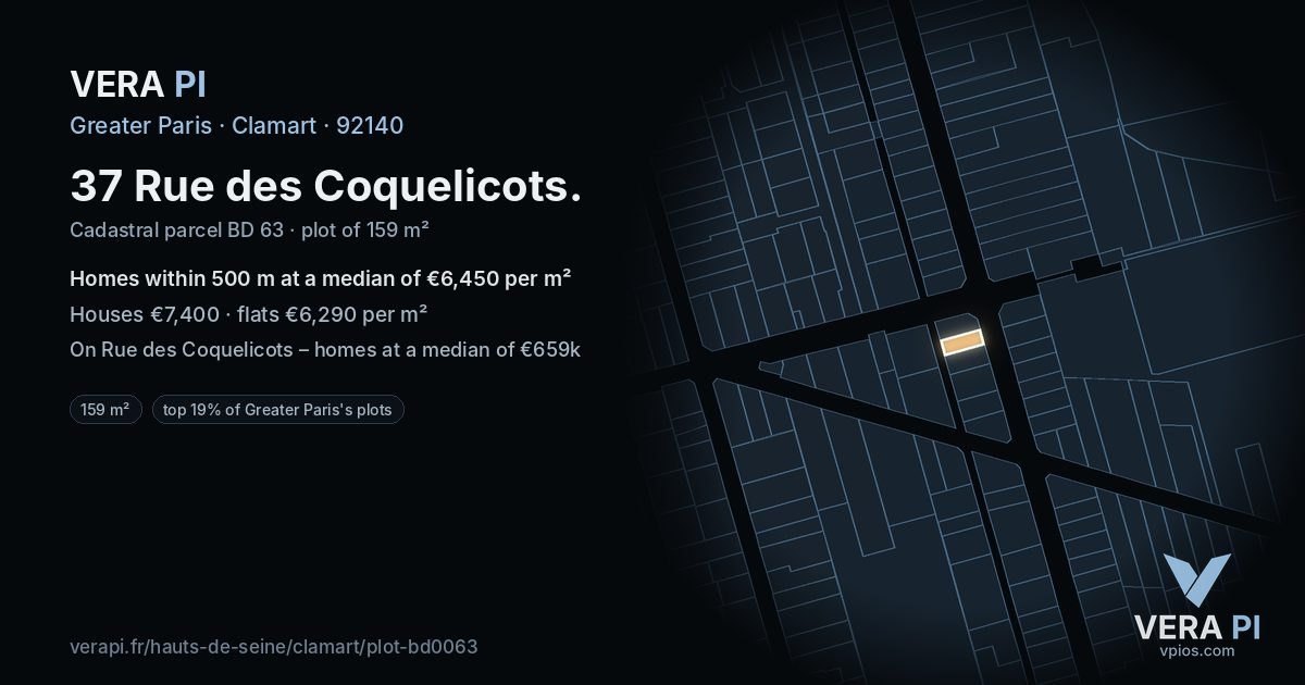 37 Rue des Coquelicots, Clamart at night – the plot lit, the parcels around coloured by the prices near them