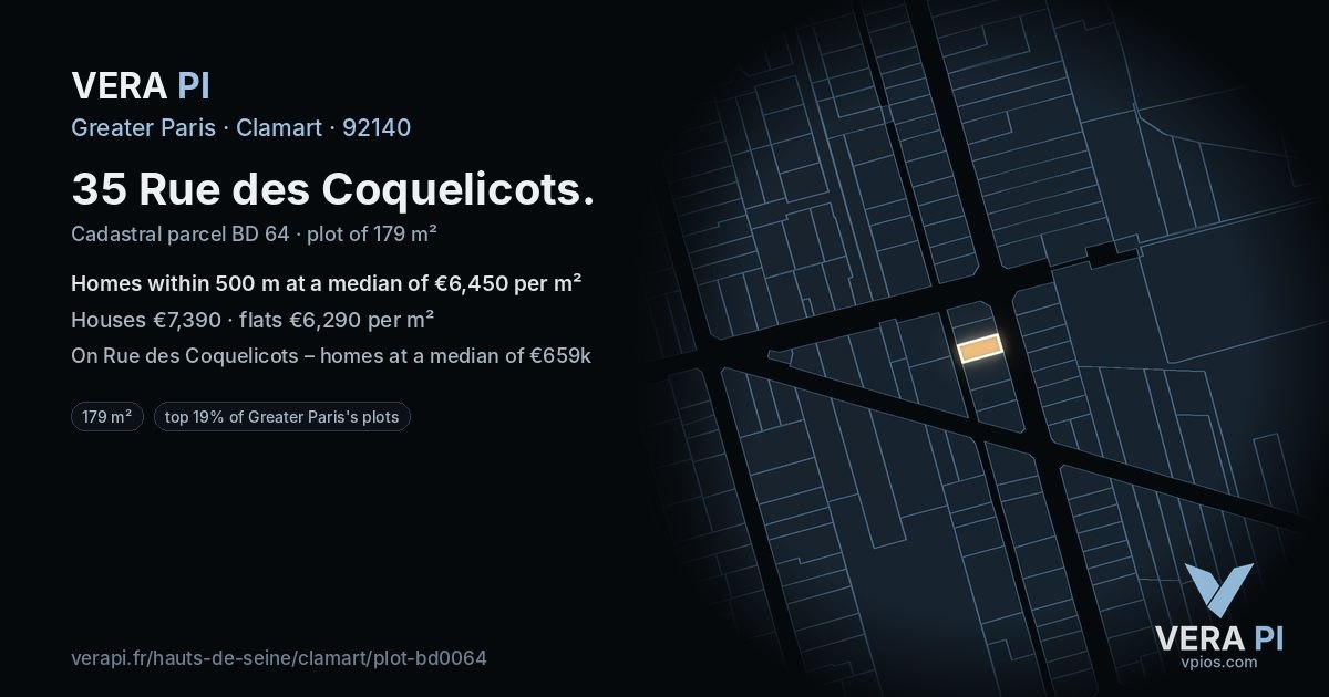 35 Rue des Coquelicots, Clamart at night – the plot lit, the parcels around coloured by the prices near them