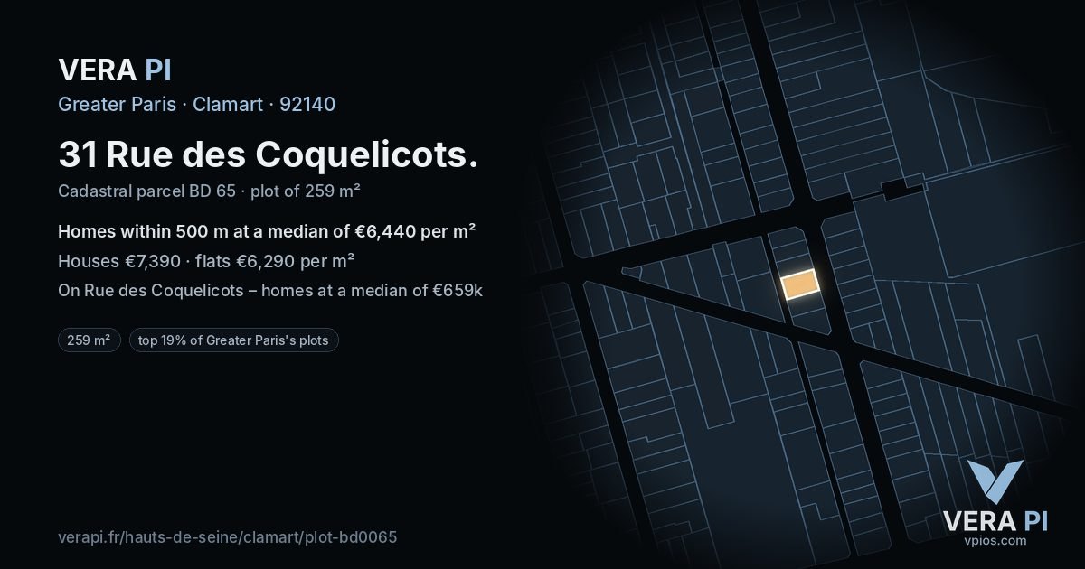 31 Rue des Coquelicots, Clamart at night – the plot lit, the parcels around coloured by the prices near them