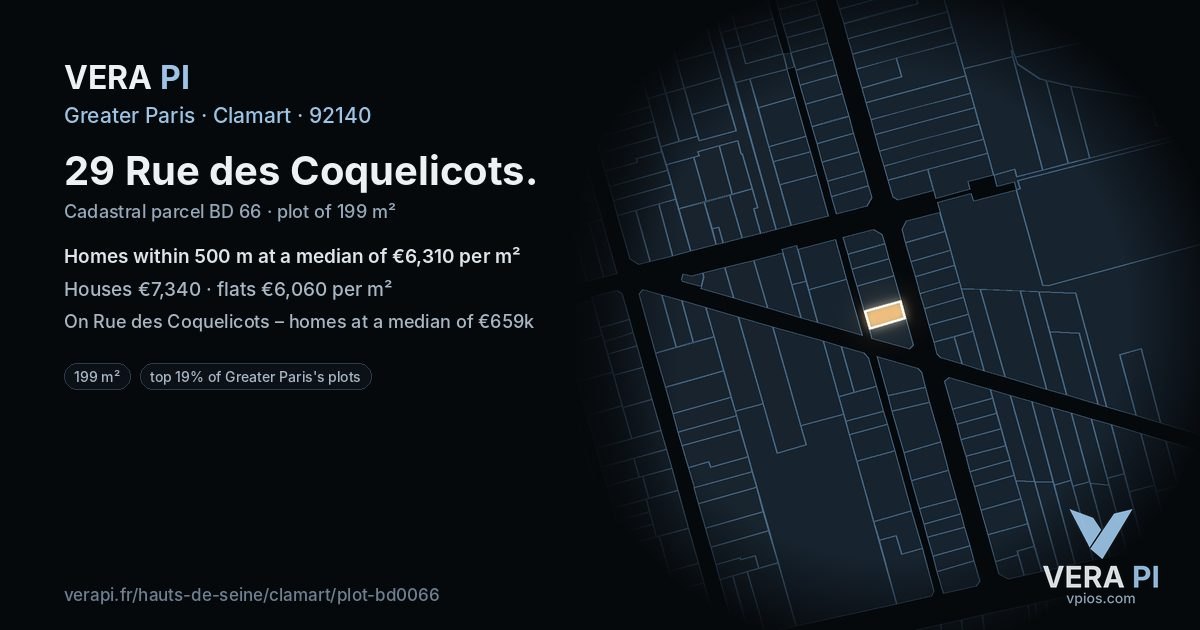 29 Rue des Coquelicots, Clamart at night – the plot lit, the parcels around coloured by the prices near them