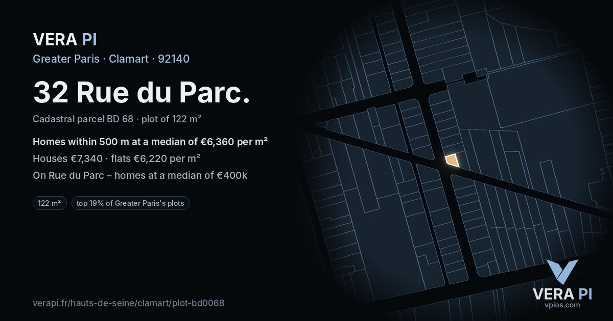 32 Rue du Parc, Clamart at night – the plot lit, the parcels around coloured by the prices near them
