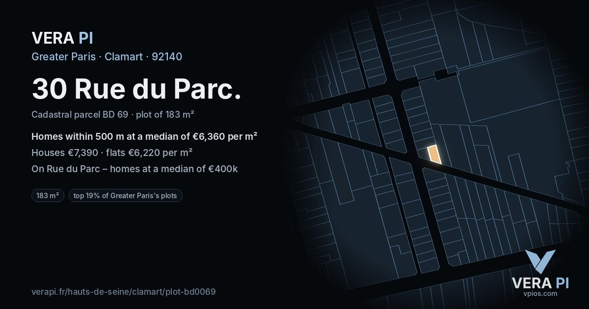 30 Rue du Parc, Clamart at night – the plot lit, the parcels around coloured by the prices near them