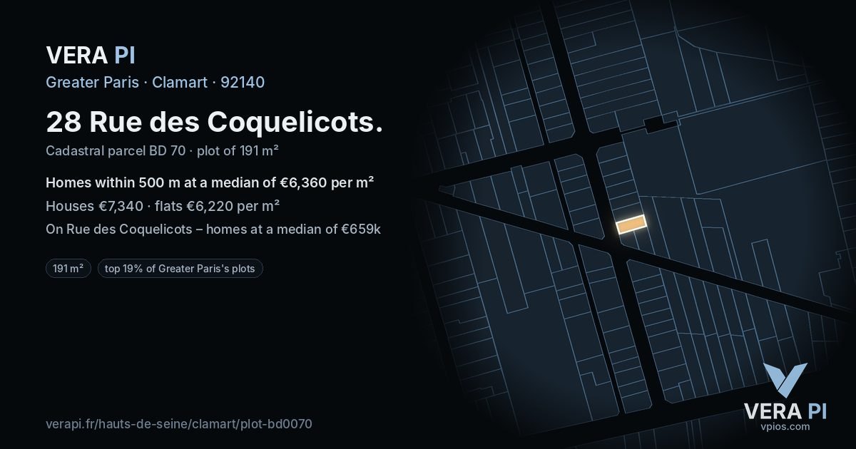 28 Rue des Coquelicots, Clamart at night – the plot lit, the parcels around coloured by the prices near them