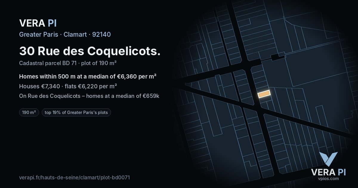 30 Rue des Coquelicots, Clamart at night – the plot lit, the parcels around coloured by the prices near them