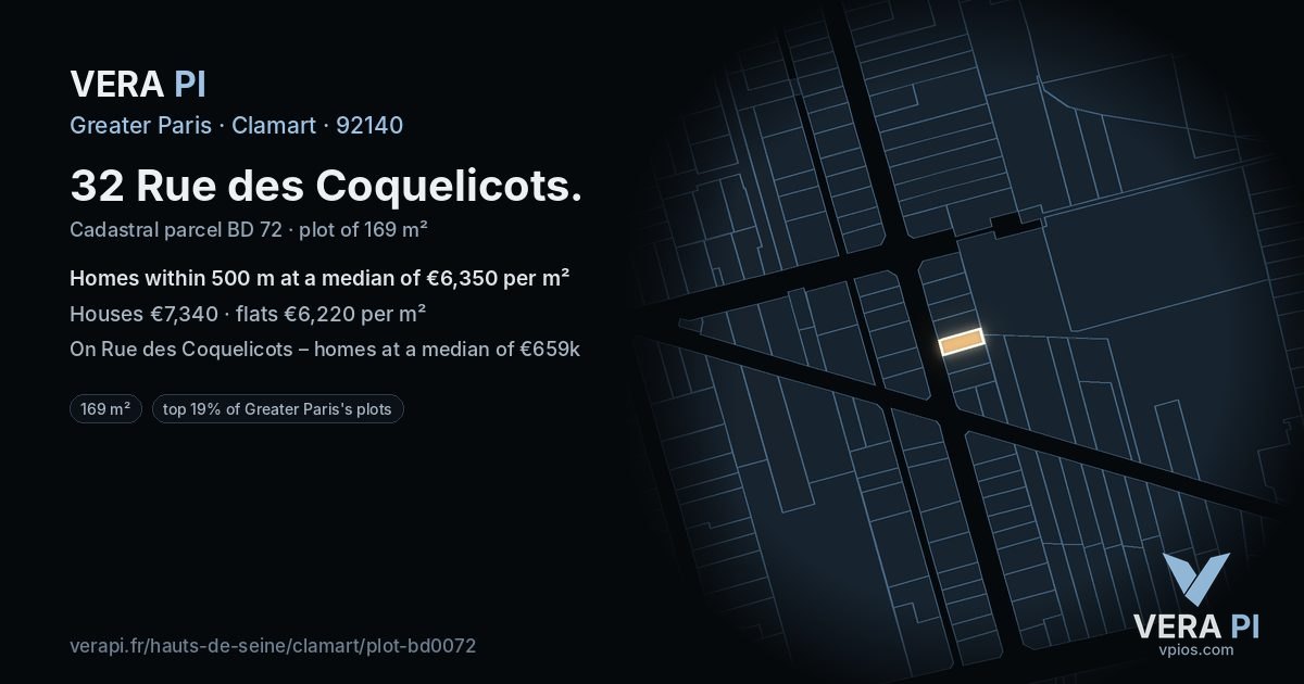 32 Rue des Coquelicots, Clamart at night – the plot lit, the parcels around coloured by the prices near them