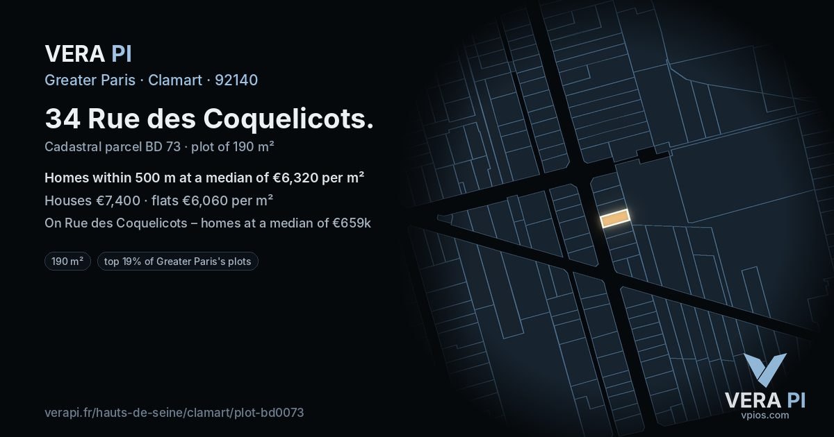 34 Rue des Coquelicots, Clamart at night – the plot lit, the parcels around coloured by the prices near them