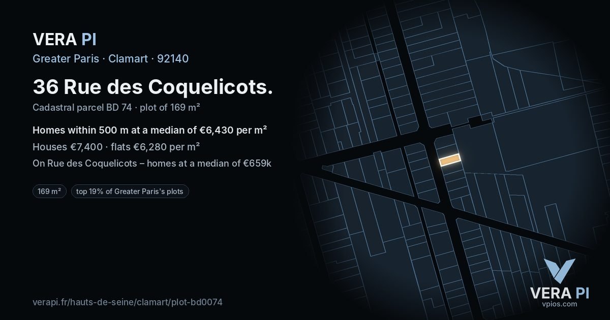 36 Rue des Coquelicots, Clamart at night – the plot lit, the parcels around coloured by the prices near them