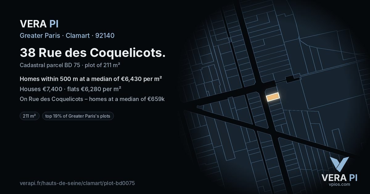 38 Rue des Coquelicots, Clamart at night – the plot lit, the parcels around coloured by the prices near them