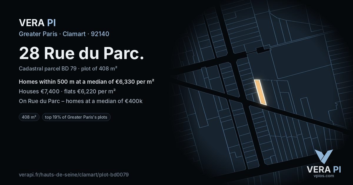 28 Rue du Parc, Clamart at night – the plot lit, the parcels around coloured by the prices near them
