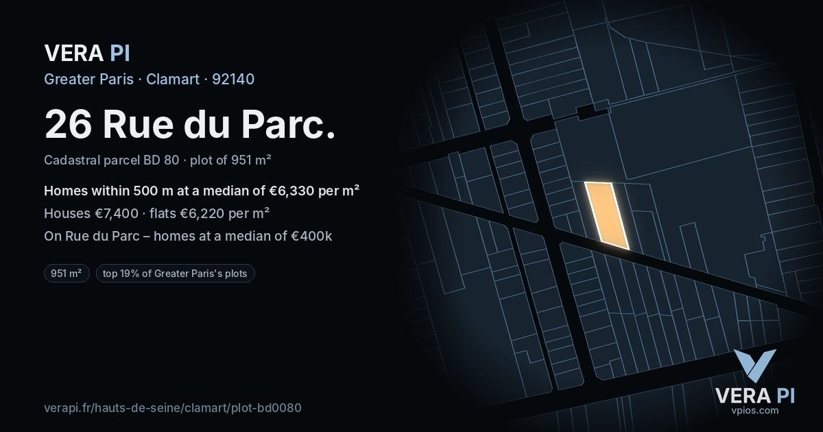 26 Rue du Parc, Clamart at night – the plot lit, the parcels around coloured by the prices near them