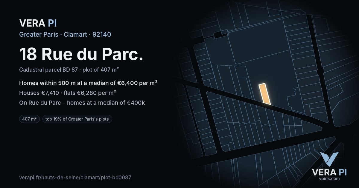 18 Rue du Parc, Clamart at night – the plot lit, the parcels around coloured by the prices near them