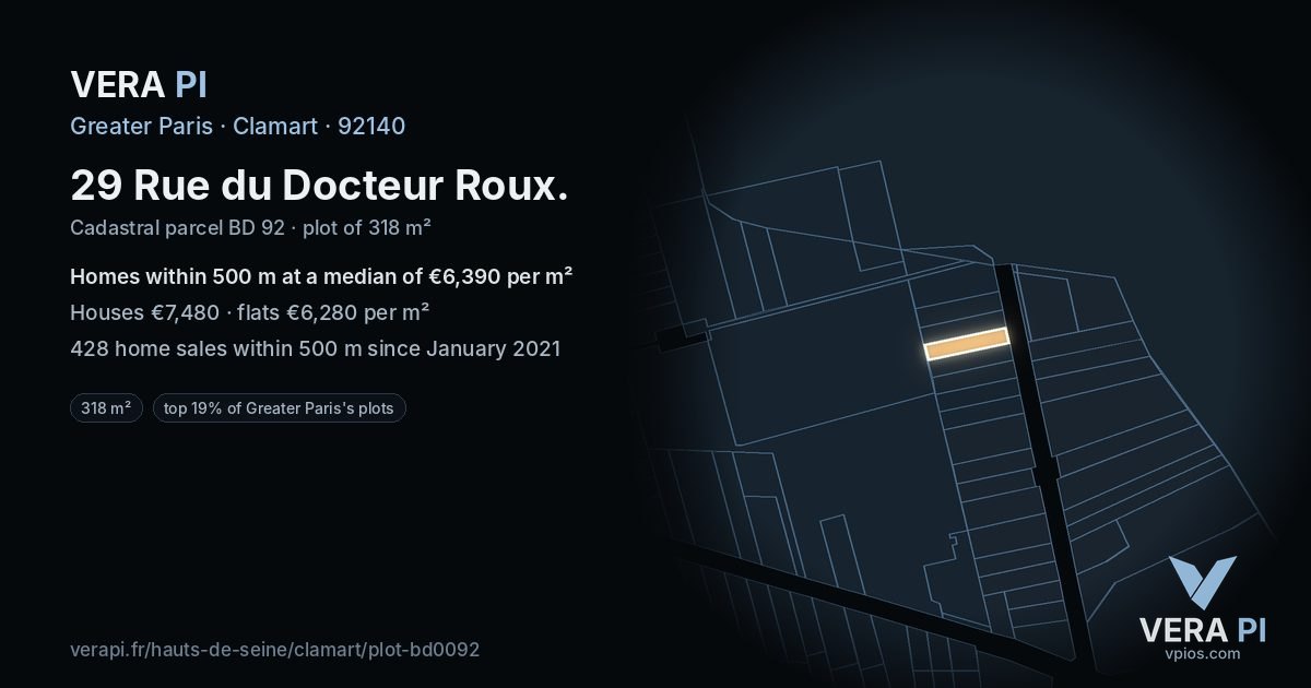 29 Rue du Docteur Roux, Clamart at night – the plot lit, the parcels around coloured by the prices near them