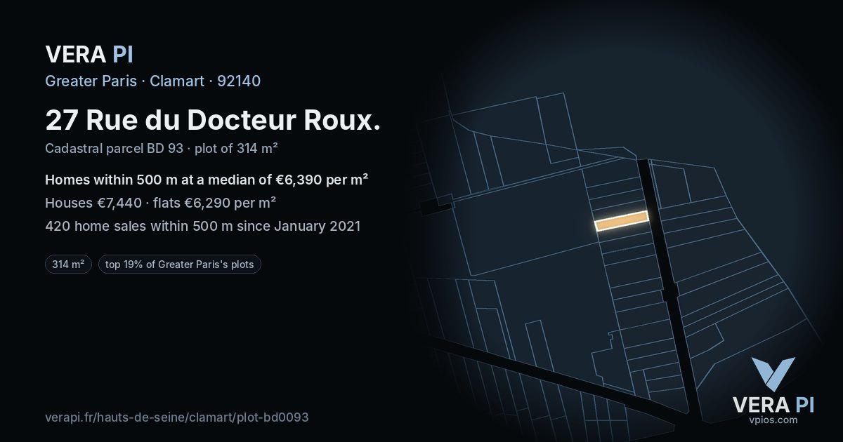 27 Rue du Docteur Roux, Clamart at night – the plot lit, the parcels around coloured by the prices near them