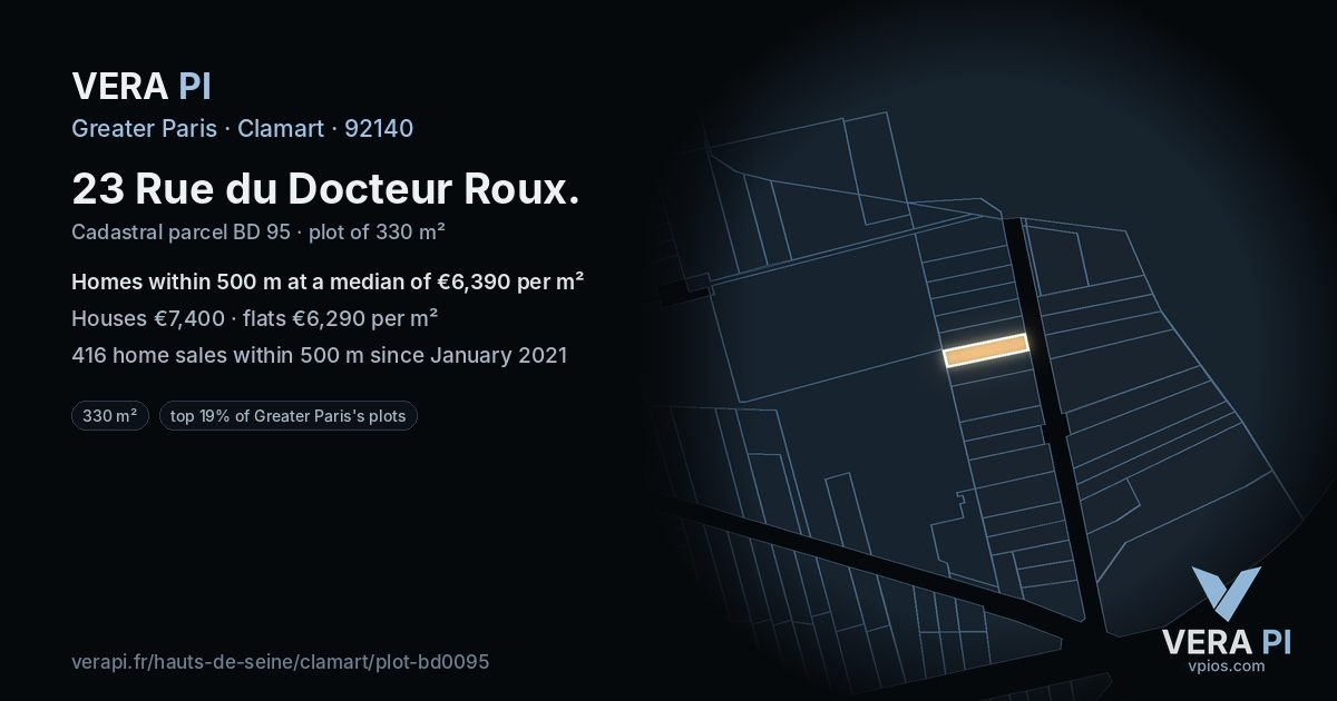 23 Rue du Docteur Roux, Clamart at night – the plot lit, the parcels around coloured by the prices near them