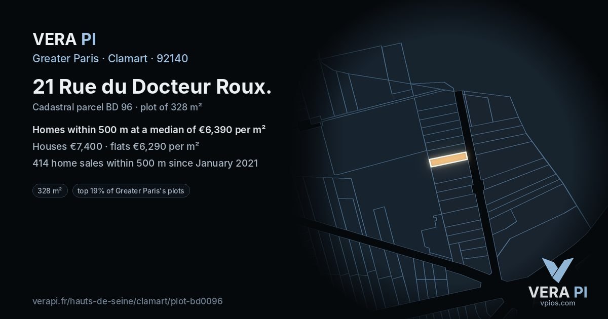 21 Rue du Docteur Roux, Clamart at night – the plot lit, the parcels around coloured by the prices near them