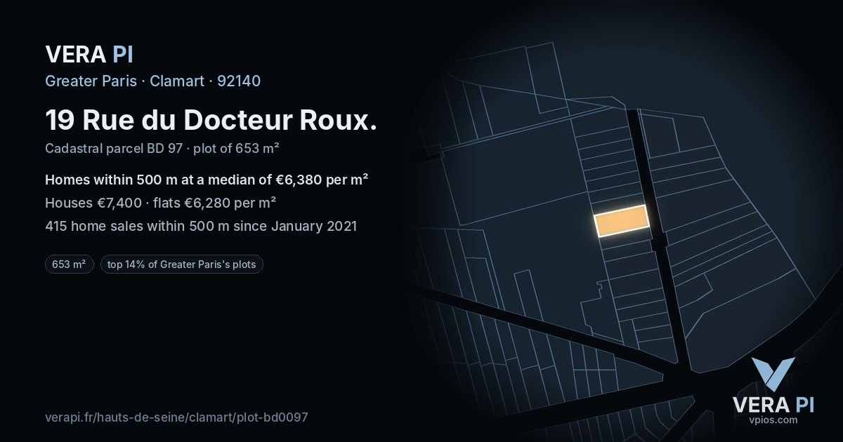 19 Rue du Docteur Roux, Clamart at night – the plot lit, the parcels around coloured by the prices near them