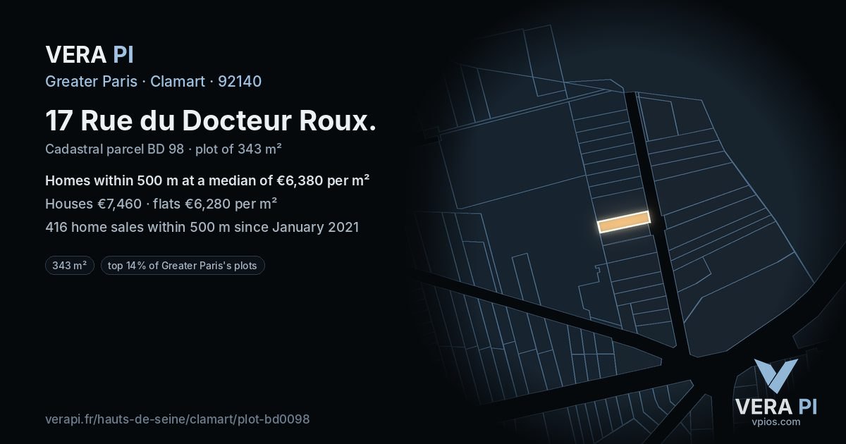 17 Rue du Docteur Roux, Clamart at night – the plot lit, the parcels around coloured by the prices near them