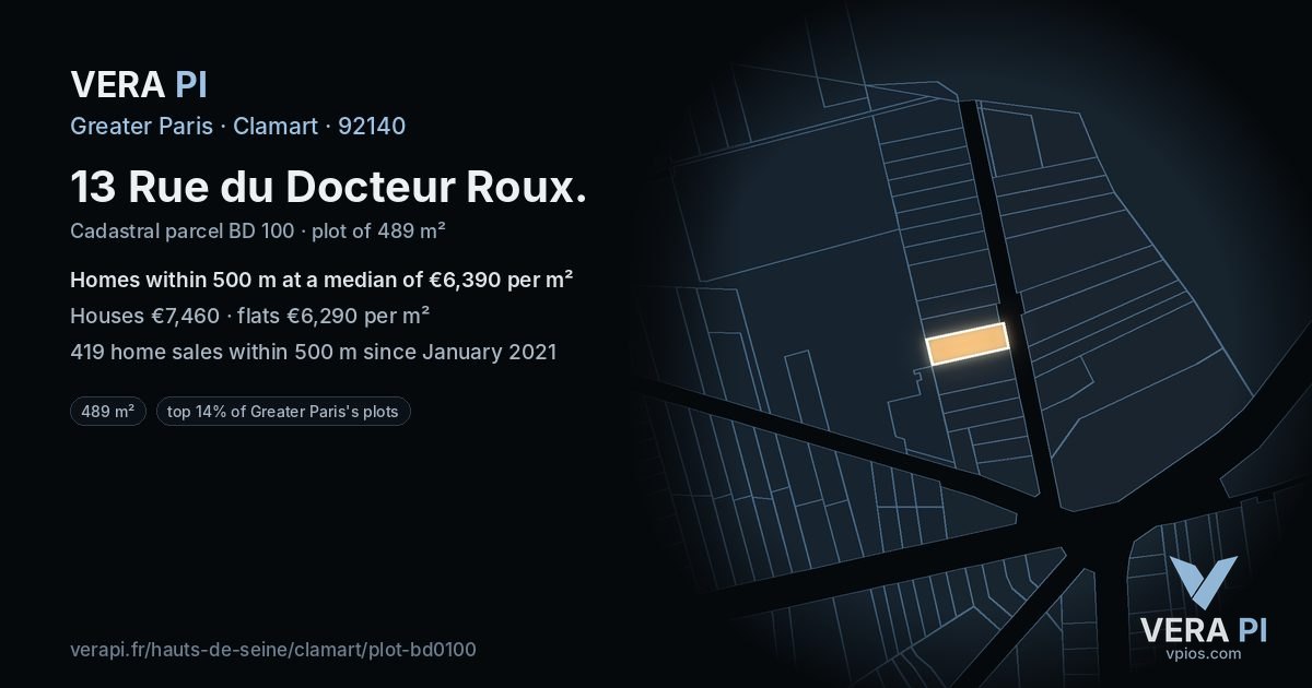 13 Rue du Docteur Roux, Clamart at night – the plot lit, the parcels around coloured by the prices near them