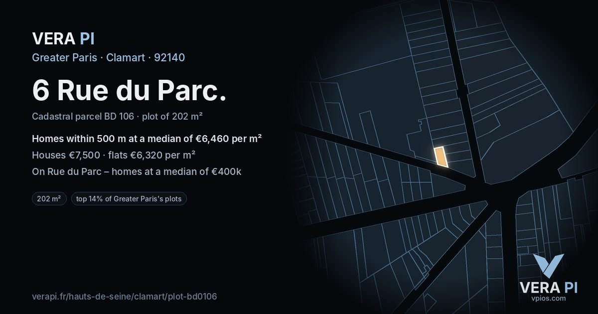 6 Rue du Parc, Clamart at night – the plot lit, the parcels around coloured by the prices near them
