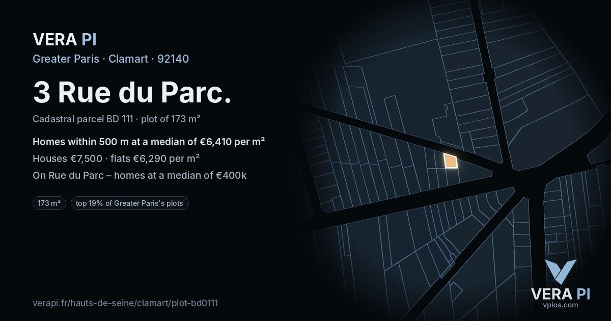 3 Rue du Parc, Clamart at night – the plot lit, the parcels around coloured by the prices near them