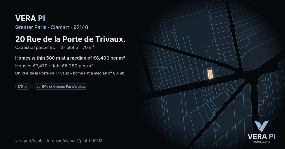 20 Rue de la Porte de Trivaux, Clamart at night – the plot lit, the parcels around coloured by the prices near them