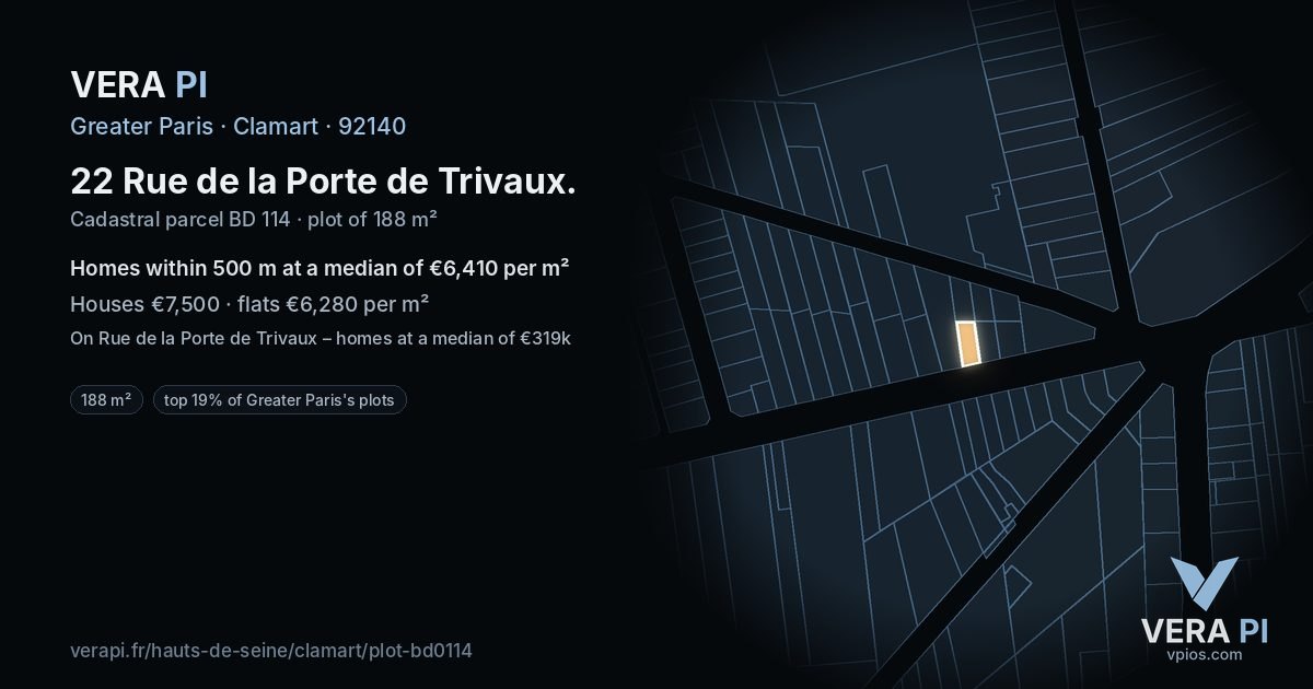 22 Rue de la Porte de Trivaux, Clamart at night – the plot lit, the parcels around coloured by the prices near them