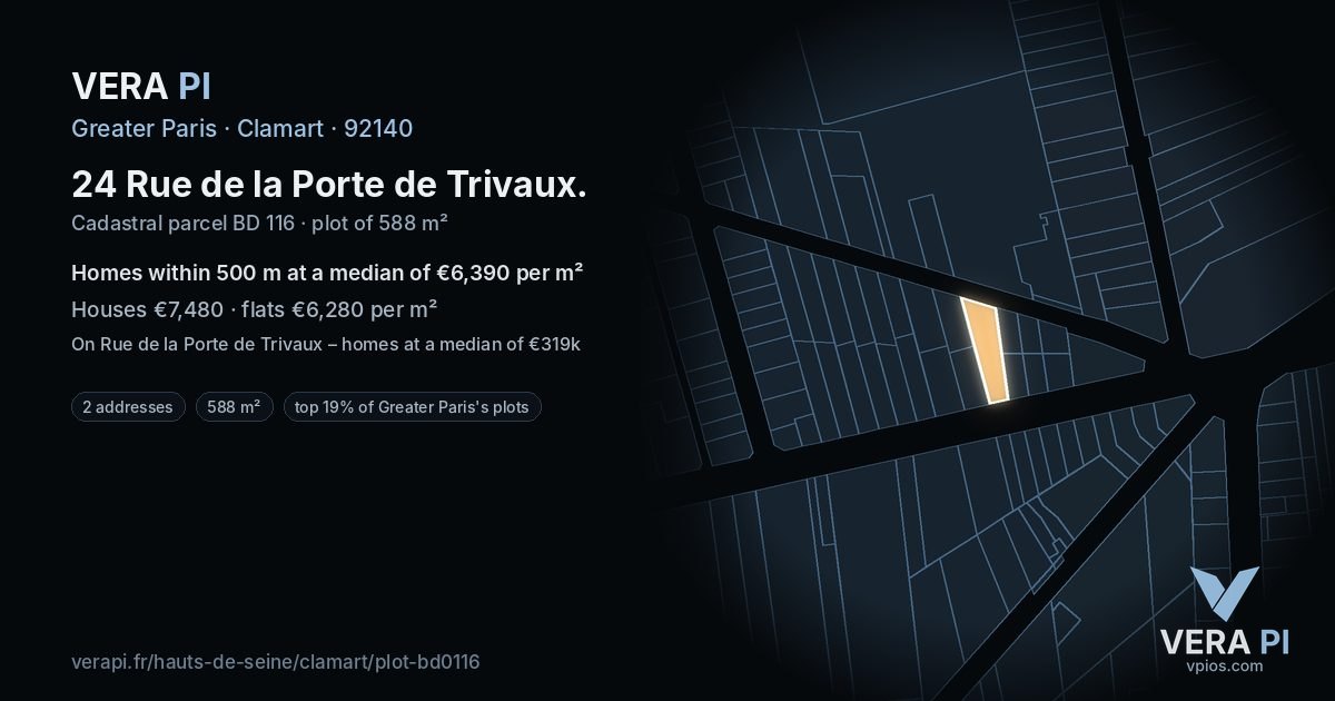 24 Rue de la Porte de Trivaux, Clamart at night – the plot lit, the parcels around coloured by the prices near them