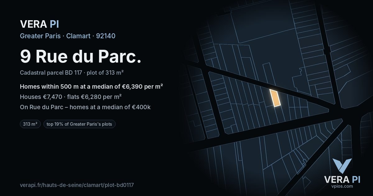 9 Rue du Parc, Clamart at night – the plot lit, the parcels around coloured by the prices near them