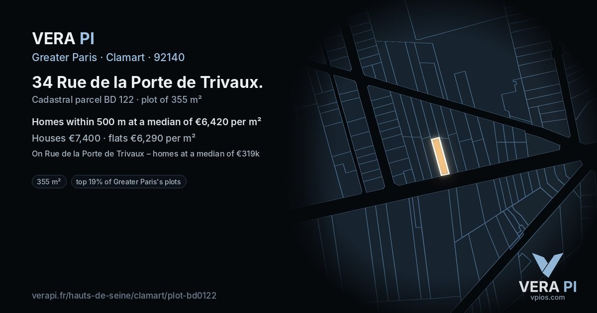 34 Rue de la Porte de Trivaux, Clamart at night – the plot lit, the parcels around coloured by the prices near them