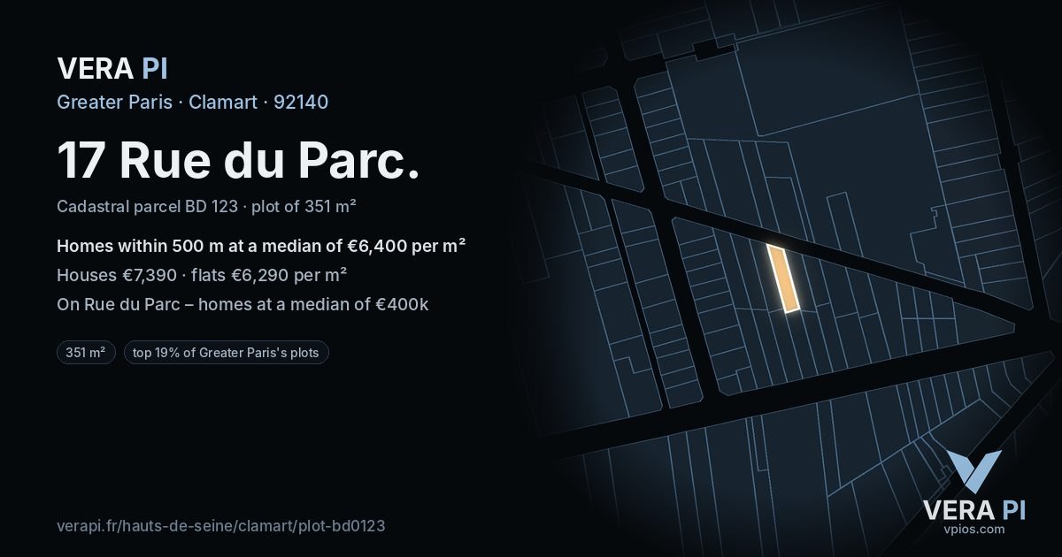 17 Rue du Parc, Clamart at night – the plot lit, the parcels around coloured by the prices near them