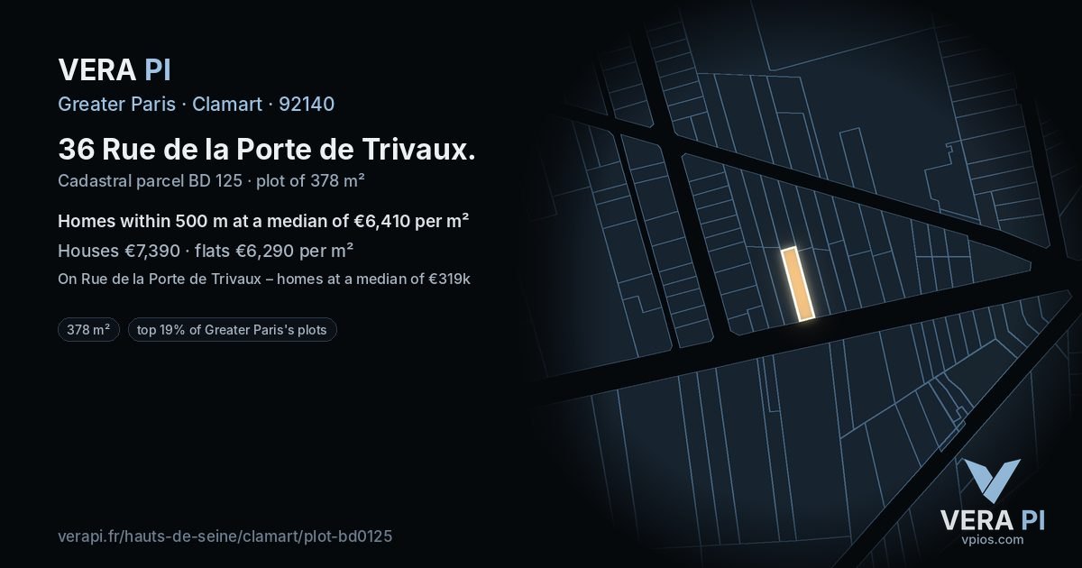 36 Rue de la Porte de Trivaux, Clamart at night – the plot lit, the parcels around coloured by the prices near them